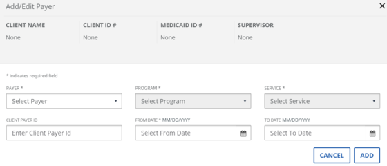 screenshot of EVV client payer screen