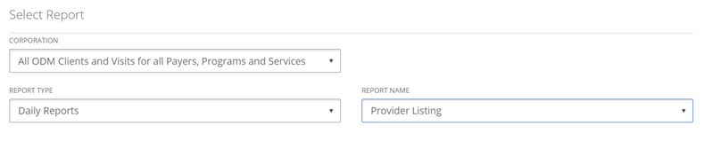Screenshot of Selecting a Corporation, Report Type, and Report Name.