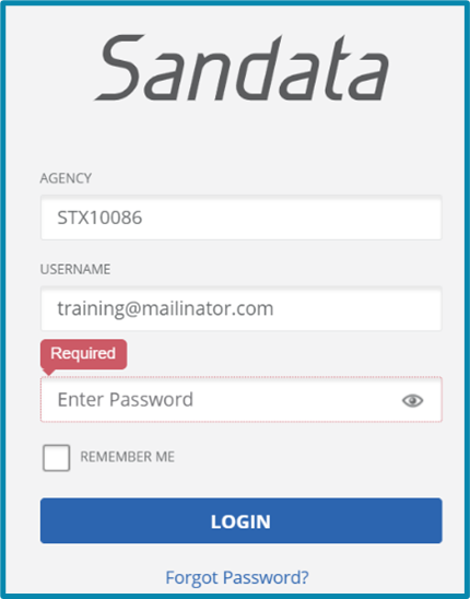Sandata forgot password screen