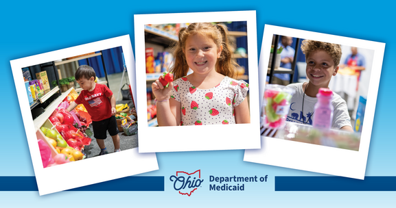 Three photos of children selecting grocery items from the "Good-4-Me" Market at Ohio Department of Medicaid's Ohio State Fair Booth.
