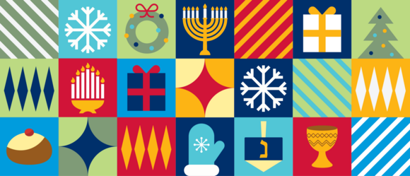 digitally illustrated art deco stylized icons of common winter holidays including Christmas, Hanukkah, and Kwanzaa