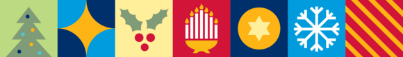 digitally illustrated art deco stylized icons of popular winter holidays including Christmas, Hanukkah, and Kwanzaa