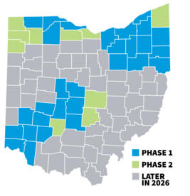 Map of Ohio with Next Generation MyCare phase 2 counties highlighted