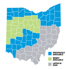 A map of Ohio counties indicating whether Next Generation MyCare is available yet. Click the image to view a plain text list.