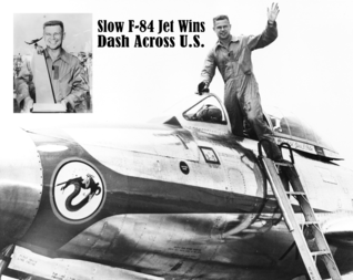 alt="Lt. Col. James A. Poston is shown emerging from his F-84E Thunderjet -inset of Poston holding trophy"