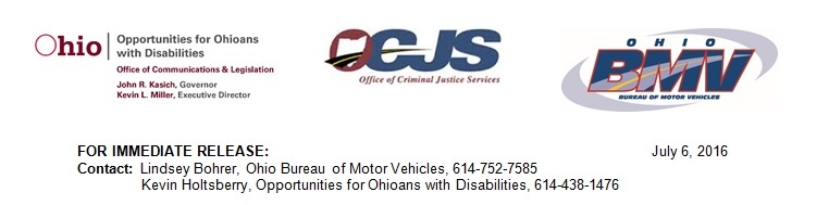 The Ohio Bureau of Motor Vehicles (BMV), Office of Criminal Justice Services (OCJS) and Opportunities for Ohioans with Disabilities (OOD) logos