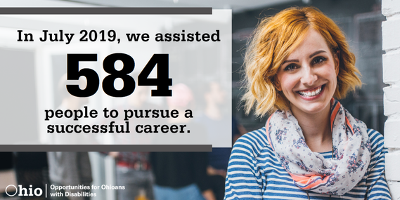 Graphic depicting young woman and words: In July 2019, we assisted 584 people to pursue a successful career