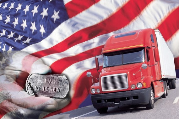 Graphic depicting a veteran's tags, an american Flag and a  red semi truck