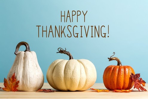Image of three pumpkins and the words Happy Thanksgiving