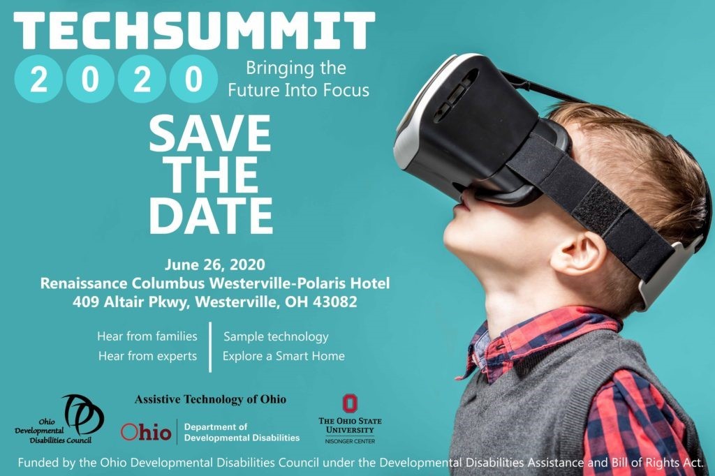 Graphic for tech summit containing photo of a boy wearing virtual reality goggles