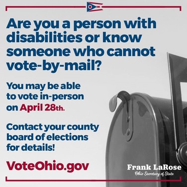 Image: mailbox. TEXT: Are you a person with disabilities or know someone who cannot vote-by-mail?  You may be able to vote in-person on April 28th. 
