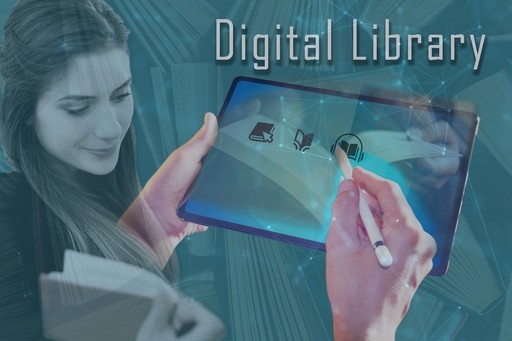 Graphic of young woman and hands holding a digital tablet and words Digital Library at the top