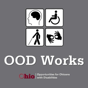 Graphic containing symbols for developmental, physical, visual  disabilities and sign language with words : OOD Works