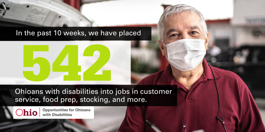 Image of a older man with a mask in a garage setting with text 542 ( number of job seekers place)