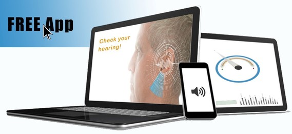 Image of laptop computer with side view of a man's ear and words check your hearing and Free App