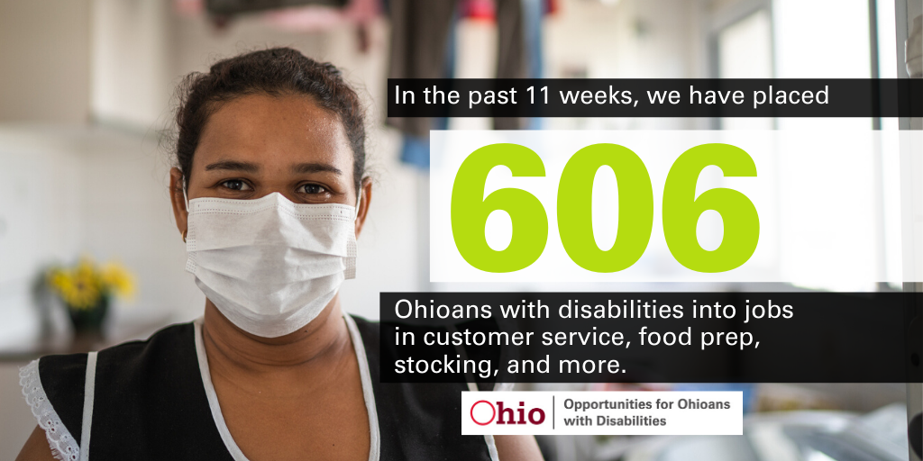 Graphic features young woman with a mask and copy: In 11 weeks OOD has placed 606 jobs seekers