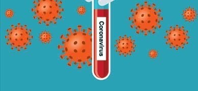 Graphic featuring coronavirus test tube with text: Coronavirus and illustrated red cells in background