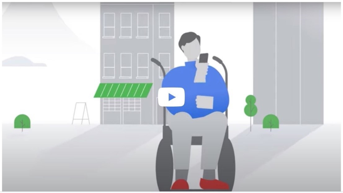  Graphic still taken from Google maps video on Wheelchair accessibility feature, feature illustration of someone in wheelchair
