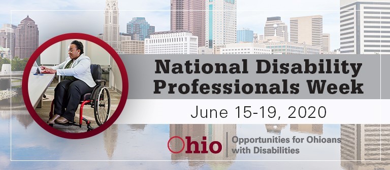 Photo Graphic with City of Columbus in background and photo of woman in a wheelchair. Text: National Disability Professionals Week  June 15-19