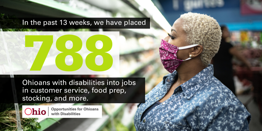 Photo graphic of African American Woman in Produce section of grocery store with a mask; Text: OOD has placed 788 individuals in jobs