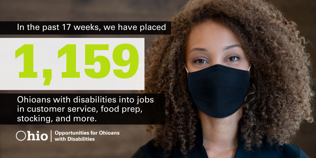info graphic featuring African-american woman wearing a mask and the text 1159 Job seekers placed in 17 weeks by OOD