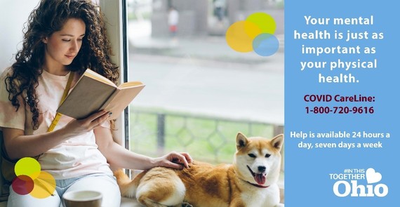 Infographic for COVID Careline featuring photo of woman reading with her dog