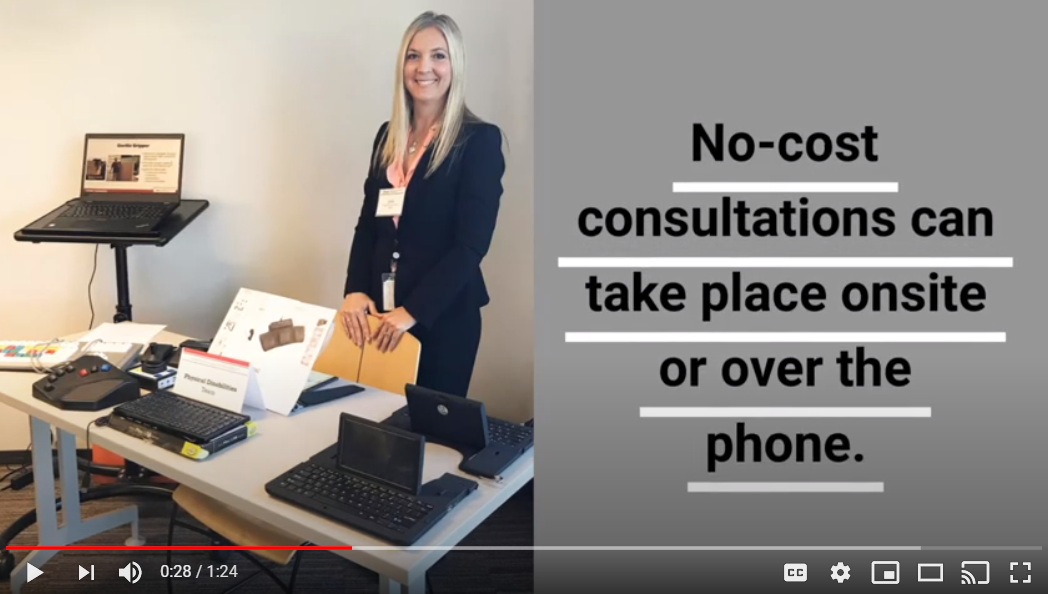 Photo of OOD's Accessibility Specialist at table with assistive technology and text: no cost consultations onsite or over phone