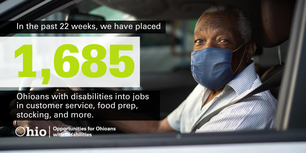 Photo graphic showing older gentleman with mask behind the wheel and text 1685 job placements in 22 weeks
