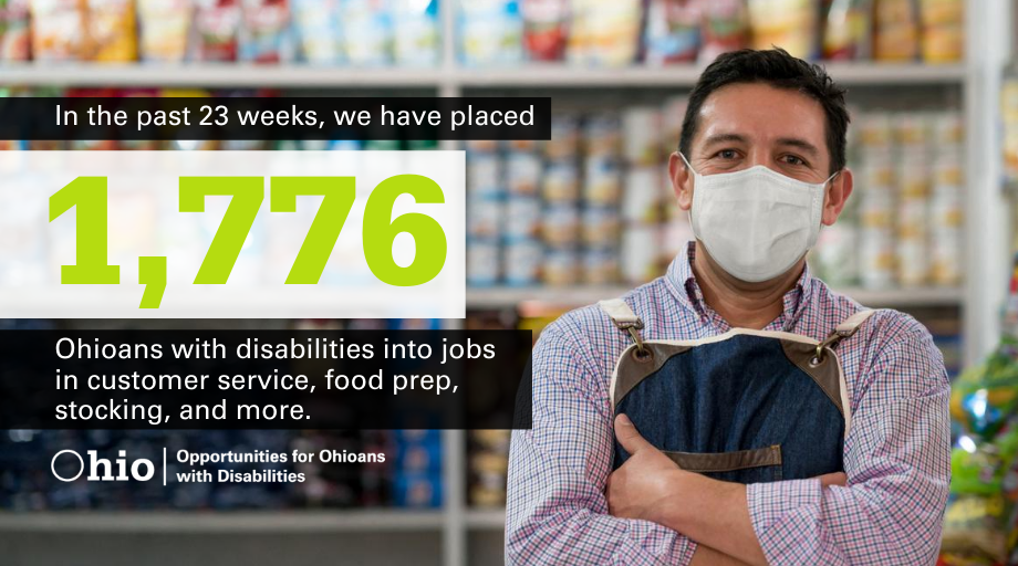 Photo Graphic:  Young man in grocery store setting with a mask. TEXT: In  past 23 weeks OOD has placed 1,776 jobseekers