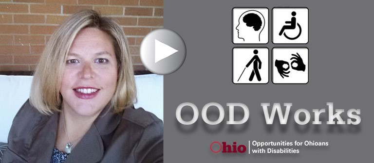 Infographic featuring photo of Alyssa Carswell and OOD Works logo with 4 disability symbols