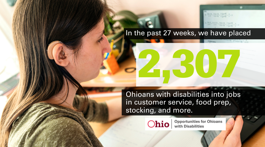 Info graphic showing young woman with hearing aid at computer and text: In past 27 weeks, we have placed 2,307 job seekers