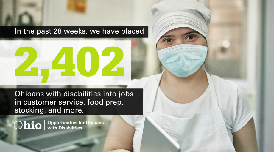 Info graphic  featuring young woman in  kitchen setting with a mask; Text: 2,402 Ohioans with disabilities placed in jobs in 28 weeks