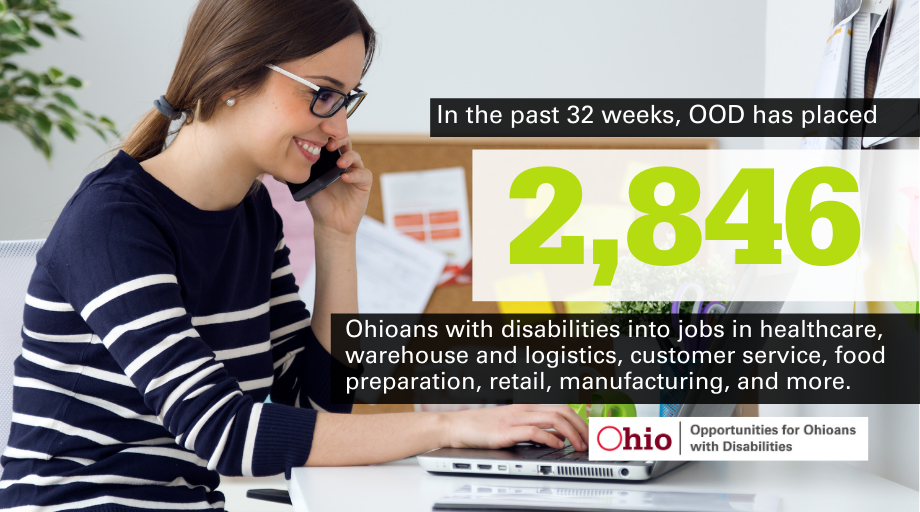 Woman on phone in front of a laptop TEXT: 2846 jobseekers placed in 32 weeks by OOD