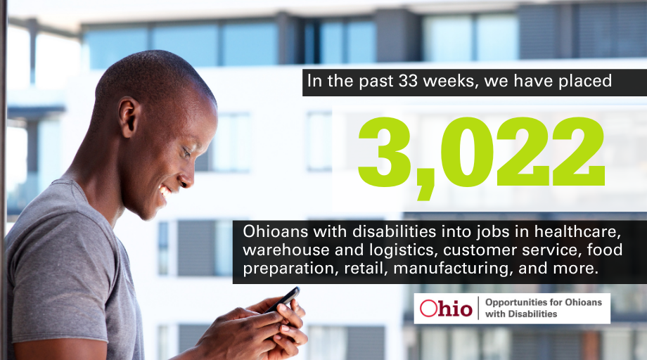 Photo of African American man looking down at his cell phone. Text: In past 33 weeks, OOD has placed 3,022 jobseekers