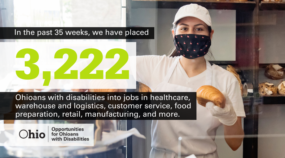 Photo of young woman with mask working in bakery with text: 3,222 jobseekers with disabilities placed in 35 weeks