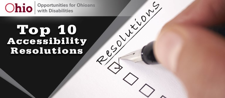 Infographic: top 10 Accessibility Resolutions and photo of a check list