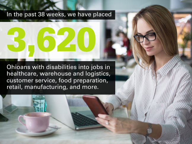 Photographic showing young woman looking at her phone and laptop in a cafe setting  Text: 3,620 jobseekers  placed in 38 weeks