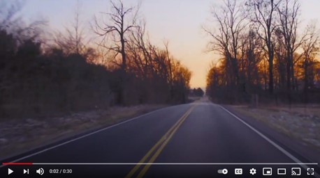Two lane road with trees on both sides of road with sun setting