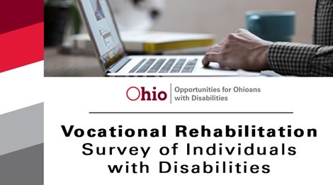 Photo of hands on laptop words Vocational Rehabilitation Survey of Individuals with Disabilities