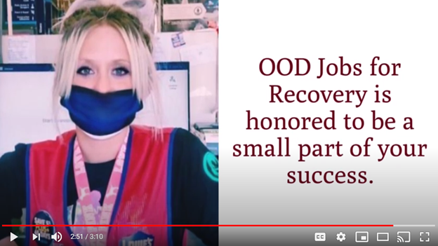 Photo of woman with blue mask on. Script OOD Jobs for Recovery is honored to be a small part of your success