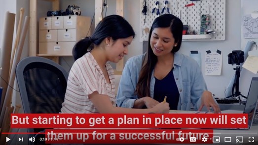 photo of two women looking down at papers with text But starting to get a plan in place now will set htem up for a successful future