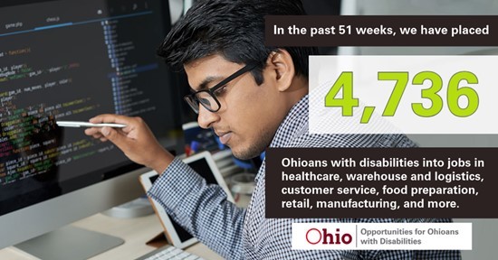 Photo of man pointing a pen at a computer. Text In the past 51 weeks, we have placed 4,736 Ohioans with disabilities into jobs