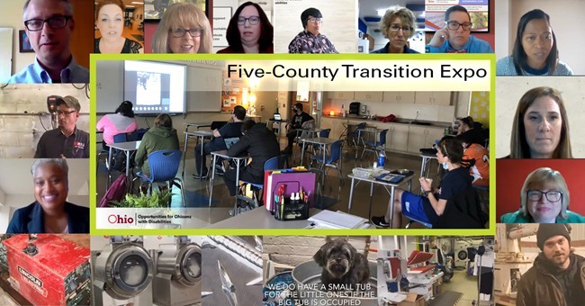photos of women and men, dog in bucket, and students in classroom setting. Text Five-County Transition Expo