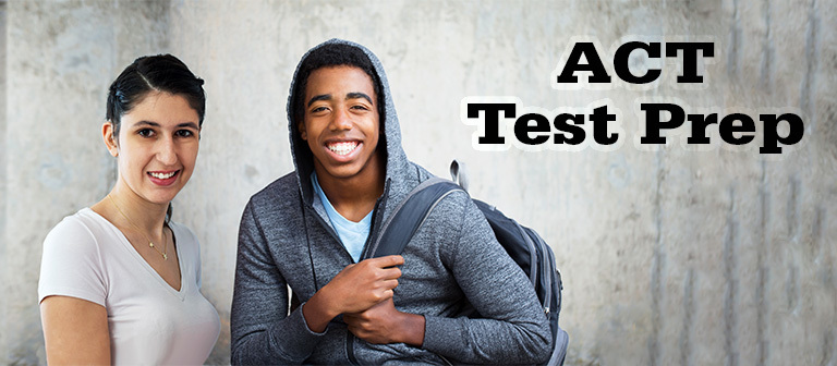 Woman and man smiling. Text ACT Test Prep