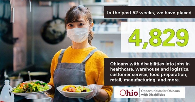Girl with mask on holding two bowls of food. Text, In the past 52 weeks, we have placed 4,829 Ohioans with disabilities into jobs