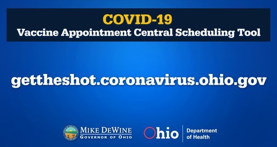 COVID-19 Vaccine Appointment Central Scheduling Tool getheshot.coronavirus.ohio.gov and Ohio Governor Mike Dewine and OH Department of Health logos