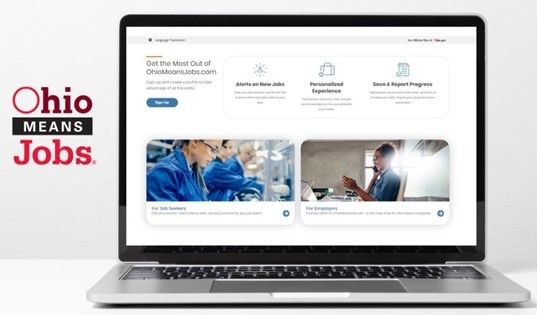 OhioMeansJobs website with people wearing glasses looking down, and a woman smiling talking on the phone. Text, Get the Most Out of OhioMeansJobs.com