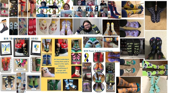 collage photo of different color socks from OOD staff.