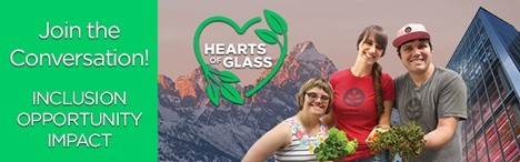 Join the Conversation Inclusion Opportunity Impact Hearts of Glass photo of three people holding flowers smiling