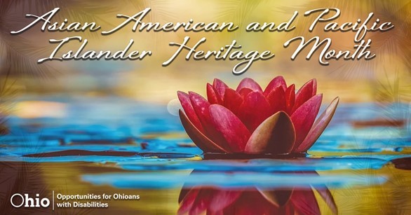 image of red flower in water with text, Asian American and Pacific Islander Heritage Month